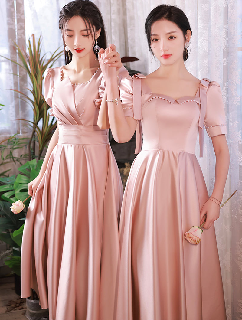 Simple Pink Satin Plus Size Midi Bridesmaid Dress Formal Gown01