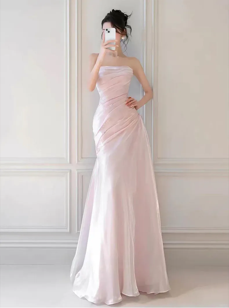 Soft-Pink-Glossy-Strapless-Evening-Dress-Ruched-Bridal-Morning-Maxi-Gown12