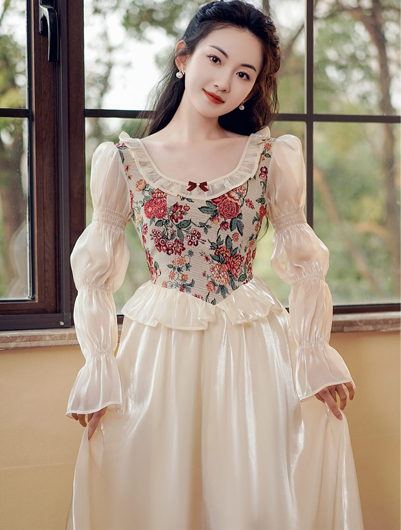 Sweet French Vintage Style Long Sleeve Flower Summer Casual Dress01
