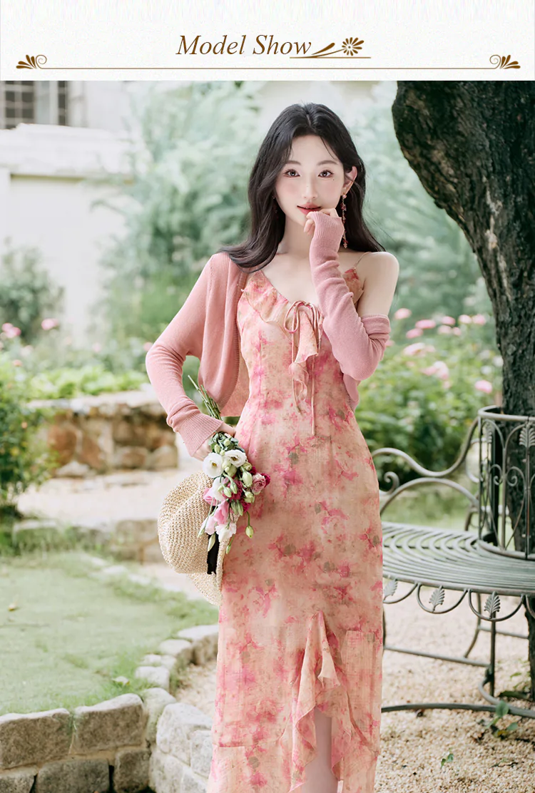 Sweet-Gold-Stamped-Floral-Slip-Dress-with-Long-Sleeve-Shrug-Cardigan-Set10