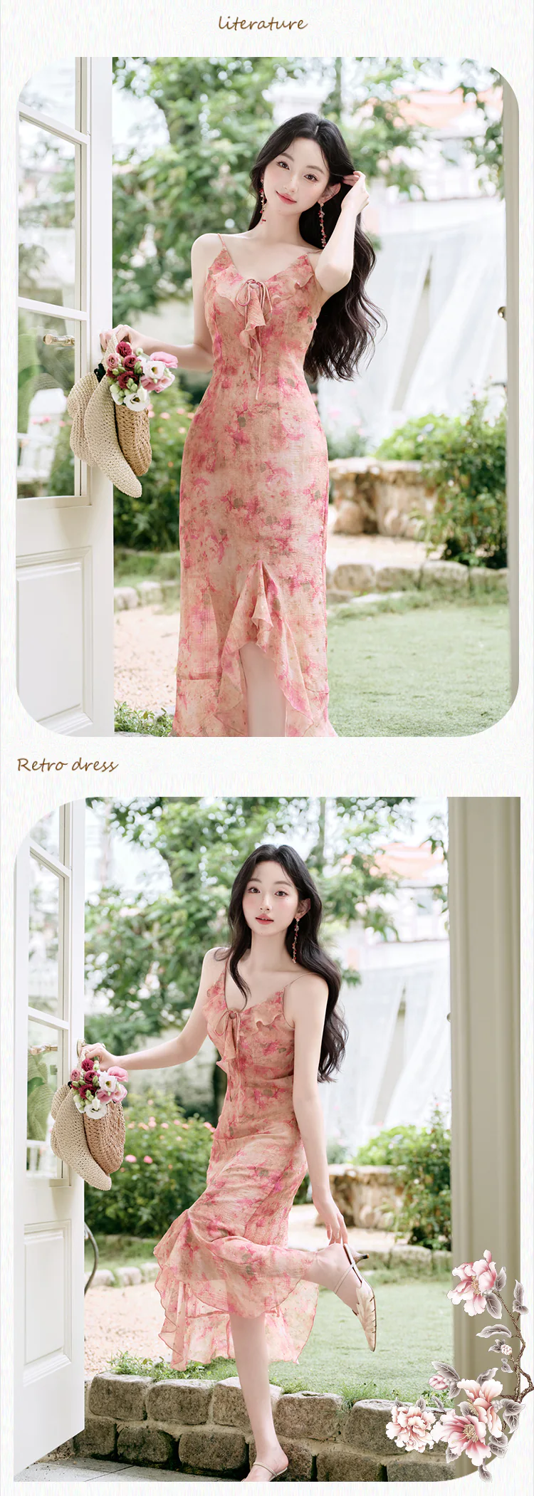 Sweet-Gold-Stamped-Floral-Slip-Dress-with-Long-Sleeve-Shrug-Cardigan-Set15