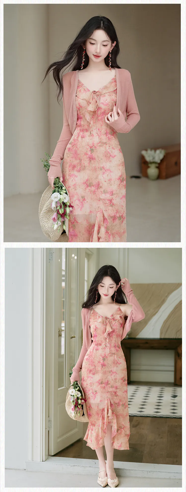 Sweet-Gold-Stamped-Floral-Slip-Dress-with-Long-Sleeve-Shrug-Cardigan-Set16