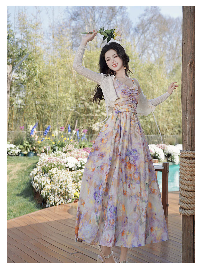 Sweet-Oil-Painting-Ombre-Floral-Casual-Strap-Dress-with-Cardigan-Set14