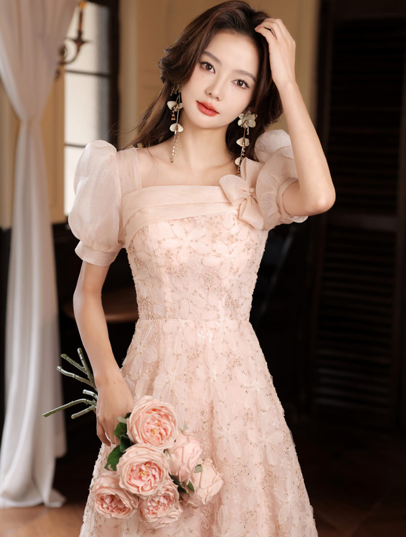 Sweet Short Sleeve Pink Floral Long Formal Party Dress Evening Gown03