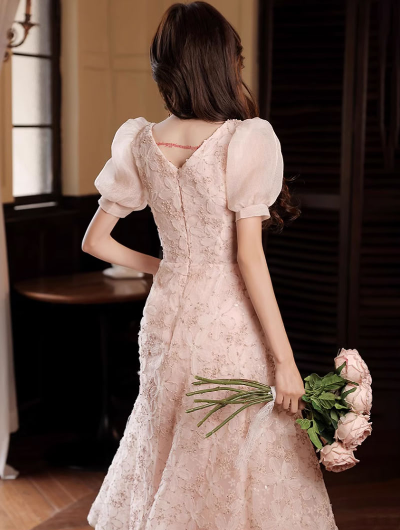 Sweet Short Sleeve Pink Floral Long Formal Party Dress Evening Gown05