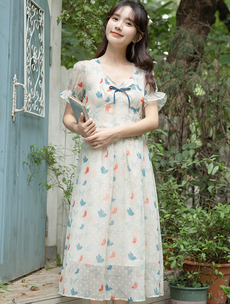 Sweet Vintage Fresh Summer Flower Butterfly Printed Casual Long Dress01