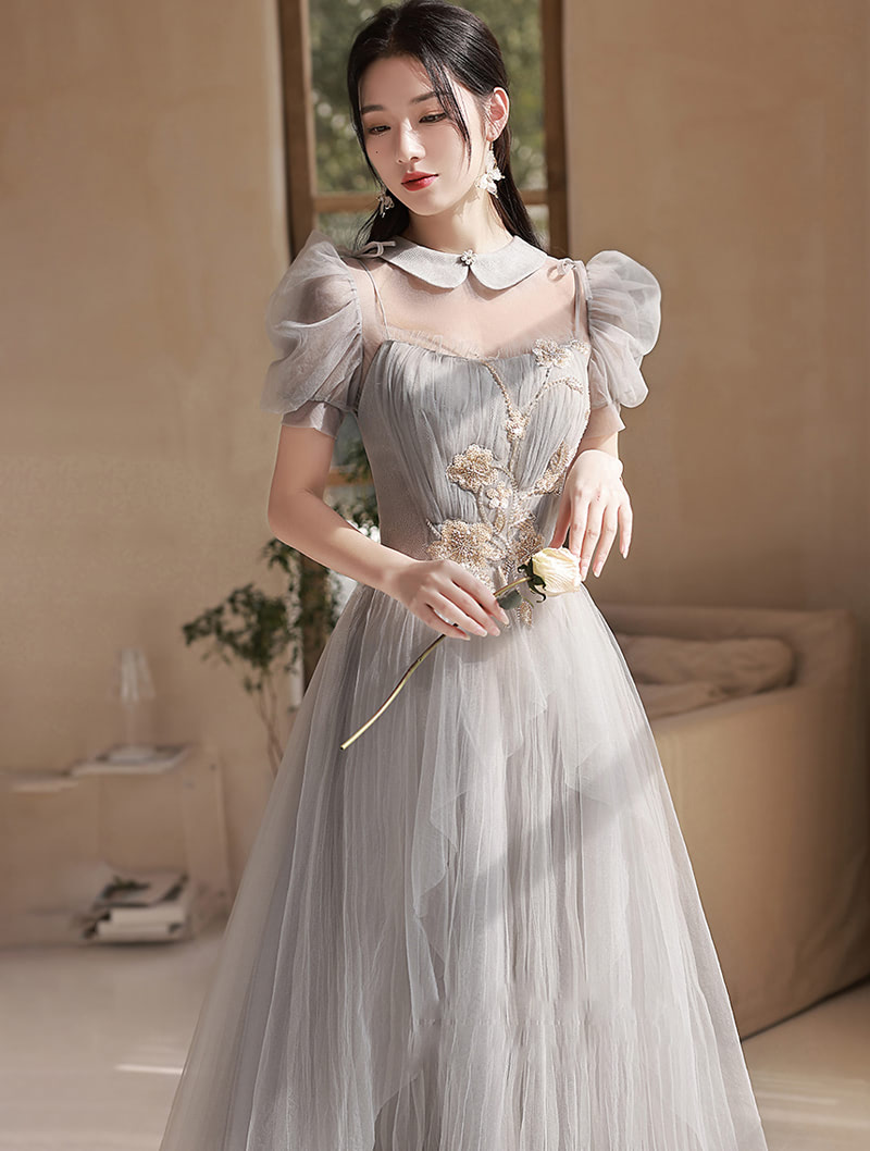 Vintage Grey Tulle Floral Chiffon Bridesmaid Long Dress Ball Gown02