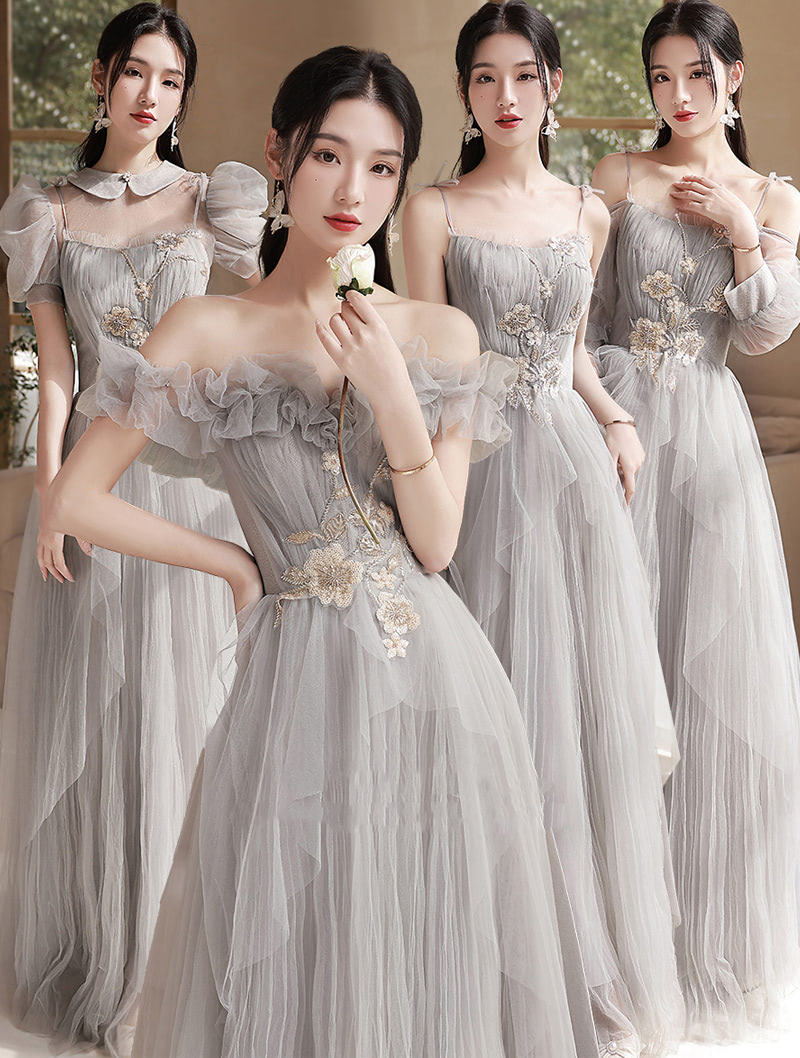 Vintage Grey Tulle Floral Chiffon Bridesmaid Long Dress Ball Gown ...