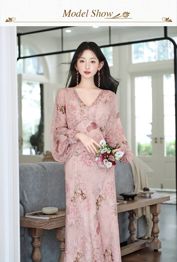 Vintage-V-Neck-Floral-Print-Puff-Sleeves-Chiffon-Vacation-Beach-Casual-Dress09