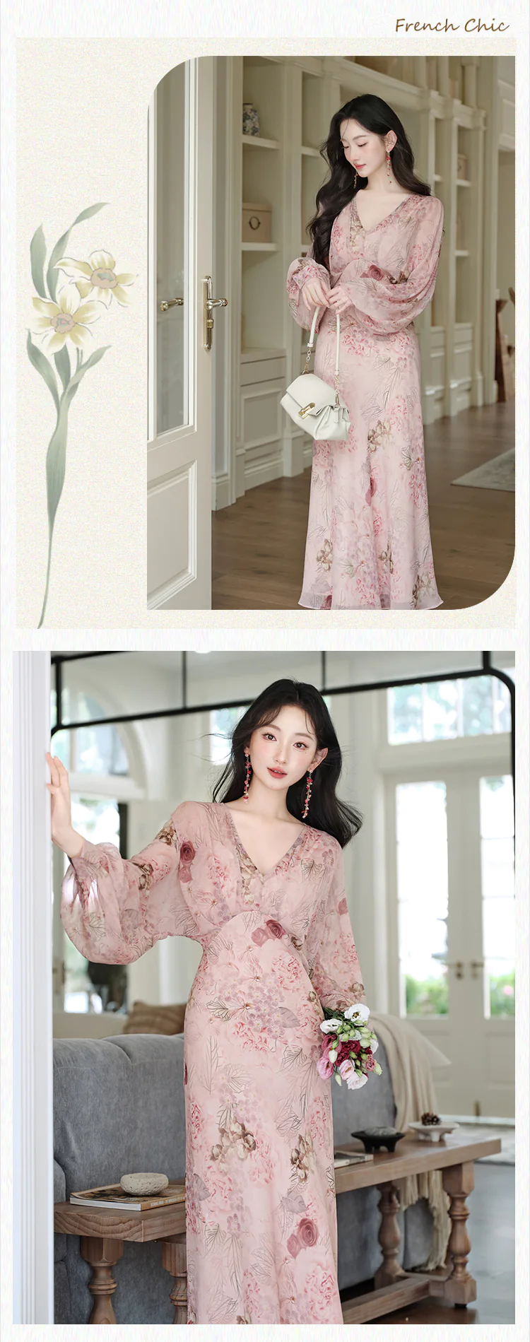 Vintage-V-Neck-Floral-Print-Puff-Sleeves-Chiffon-Vacation-Beach-Casual-Dress10