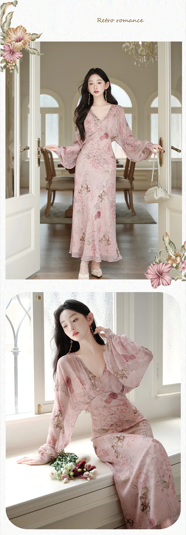Vintage-V-Neck-Floral-Print-Puff-Sleeves-Chiffon-Vacation-Beach-Casual-Dress11