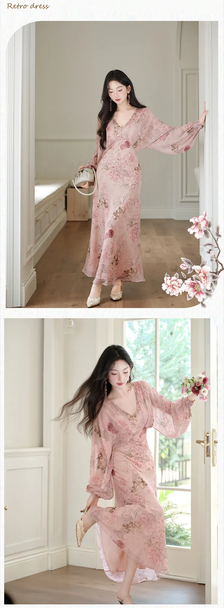 Vintage-V-Neck-Floral-Print-Puff-Sleeves-Chiffon-Vacation-Beach-Casual-Dress14