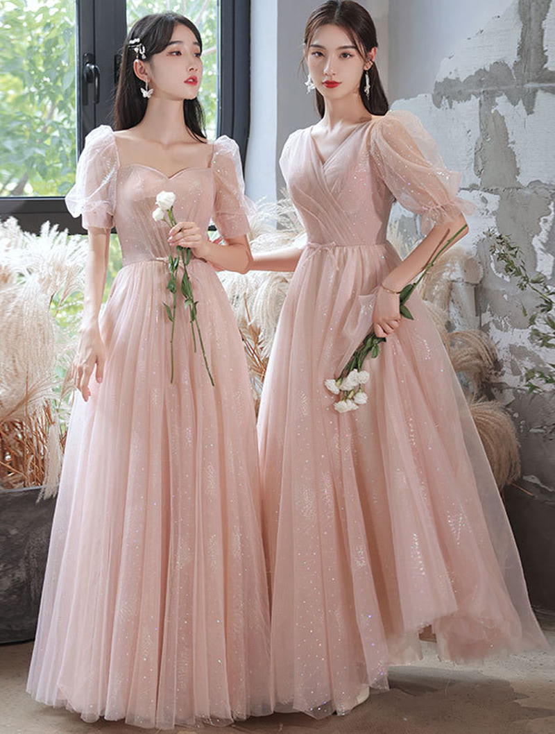 Women's Sweet Pink Tulle Wedding Party Bridesmaid Maxi Dress01