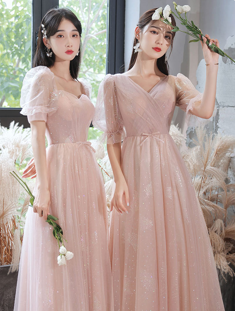 Women's Sweet Pink Tulle Wedding Party Bridesmaid Maxi Dress04