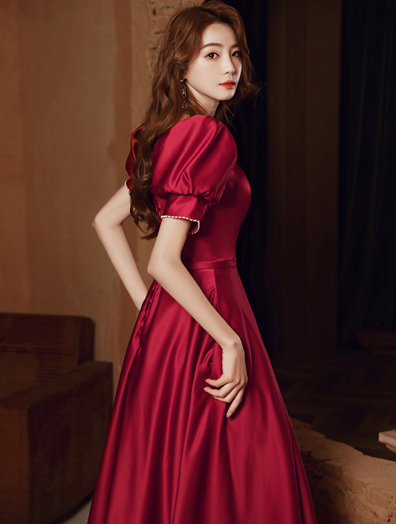 Beautiful Wine Red Satin Evening Casual Dress02