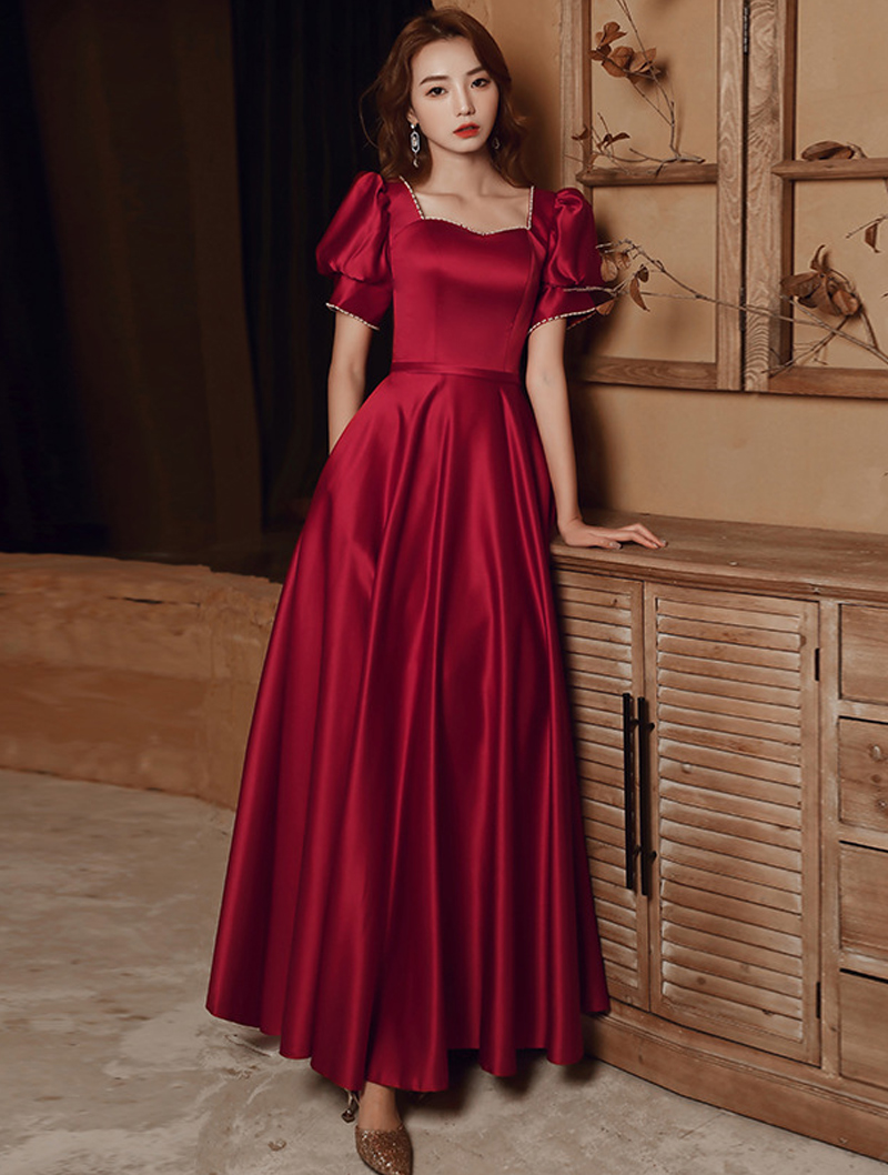 Beautiful Wine Red Satin Evening Casual Dress03