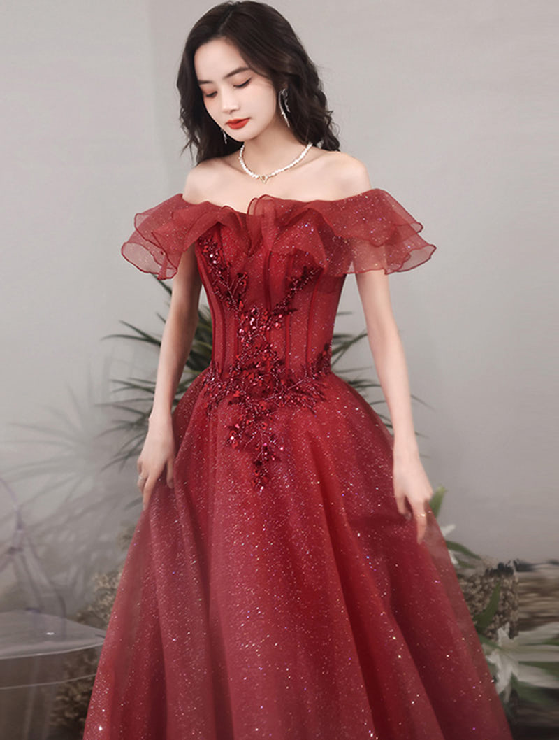 Chic Off Shoulder Sleeveless Burgundy Prom Dress Party Evening Gown02