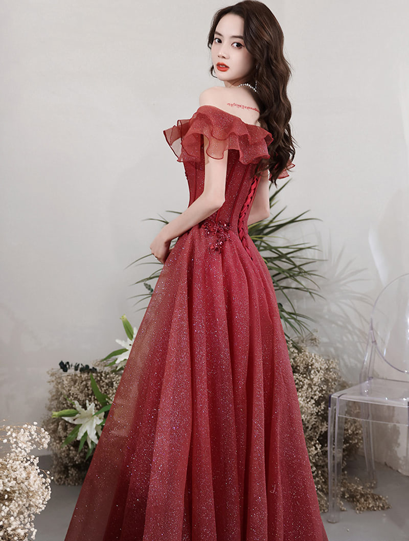 Chic Off Shoulder Sleeveless Burgundy Prom Dress Party Evening Gown01