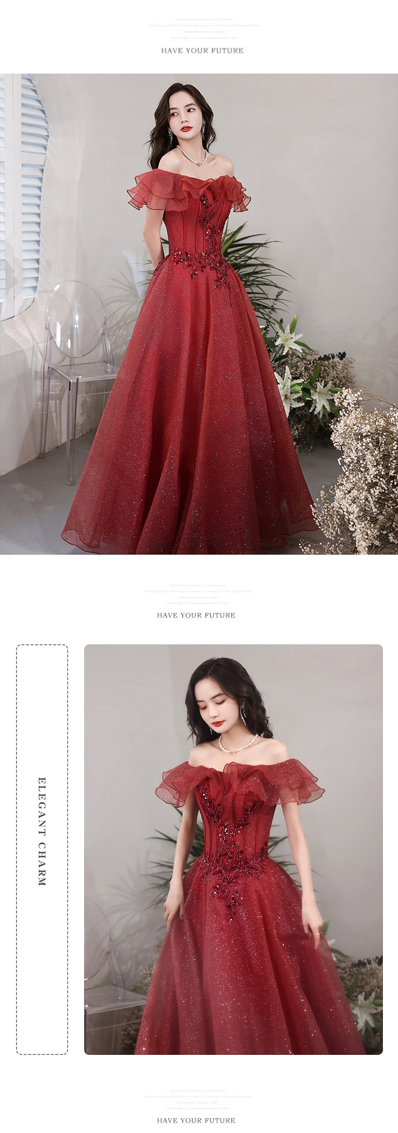 Chic Off Shoulder Sleeveless Burgundy Prom Dress Party Evening Gown11