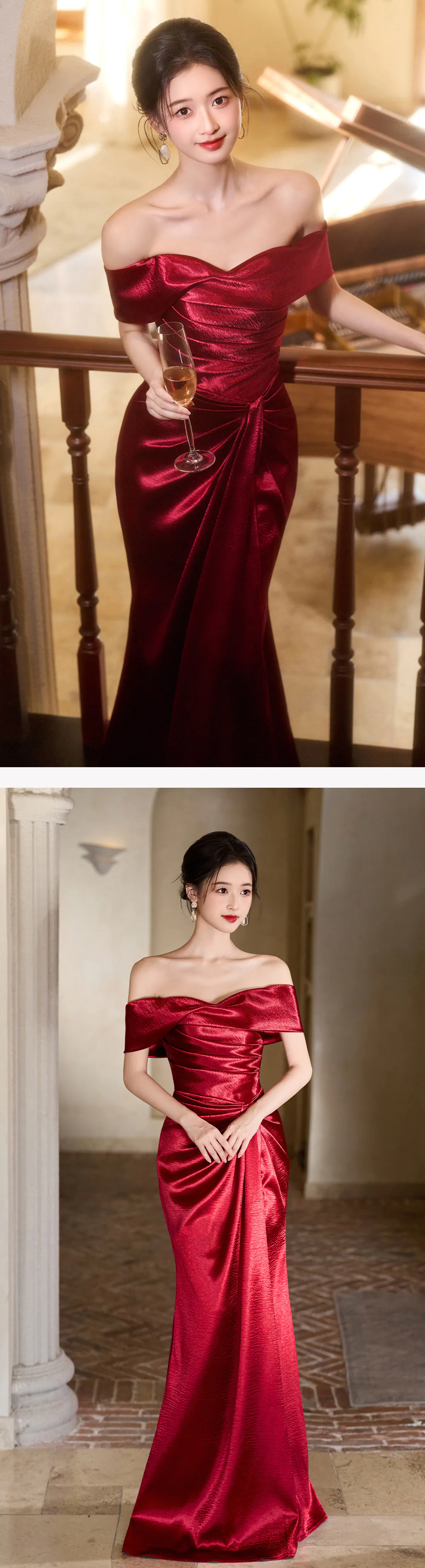 Off-Shoulder-Red-Satin-Formal-Dress-Ruched-Mermaid-Bridal-Evening-Gown11