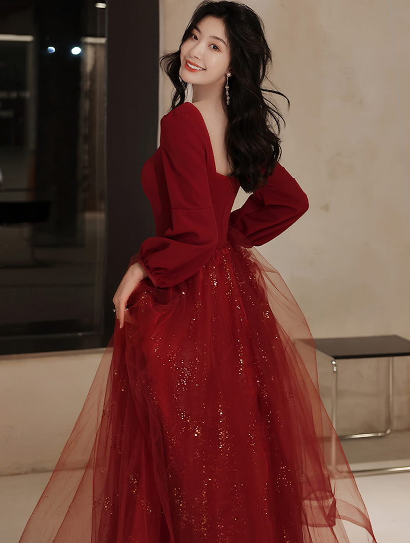 Romantic Burgundy Tulle Prom Evening Dress Long Ball Gown01