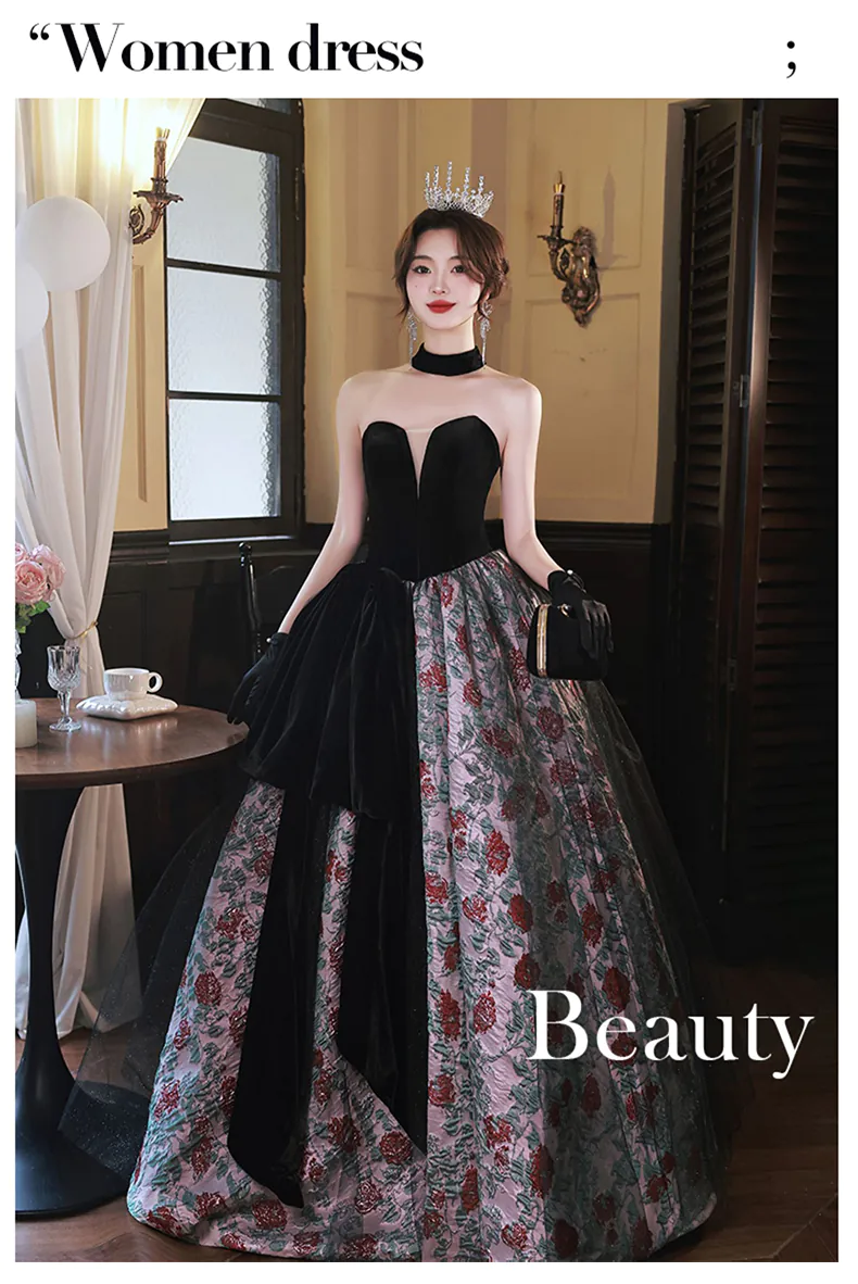 Vintage-Black-Velvet-Bodice-Red-Rose-Floral-Jacquard-Skirt-Formal-Dress07
