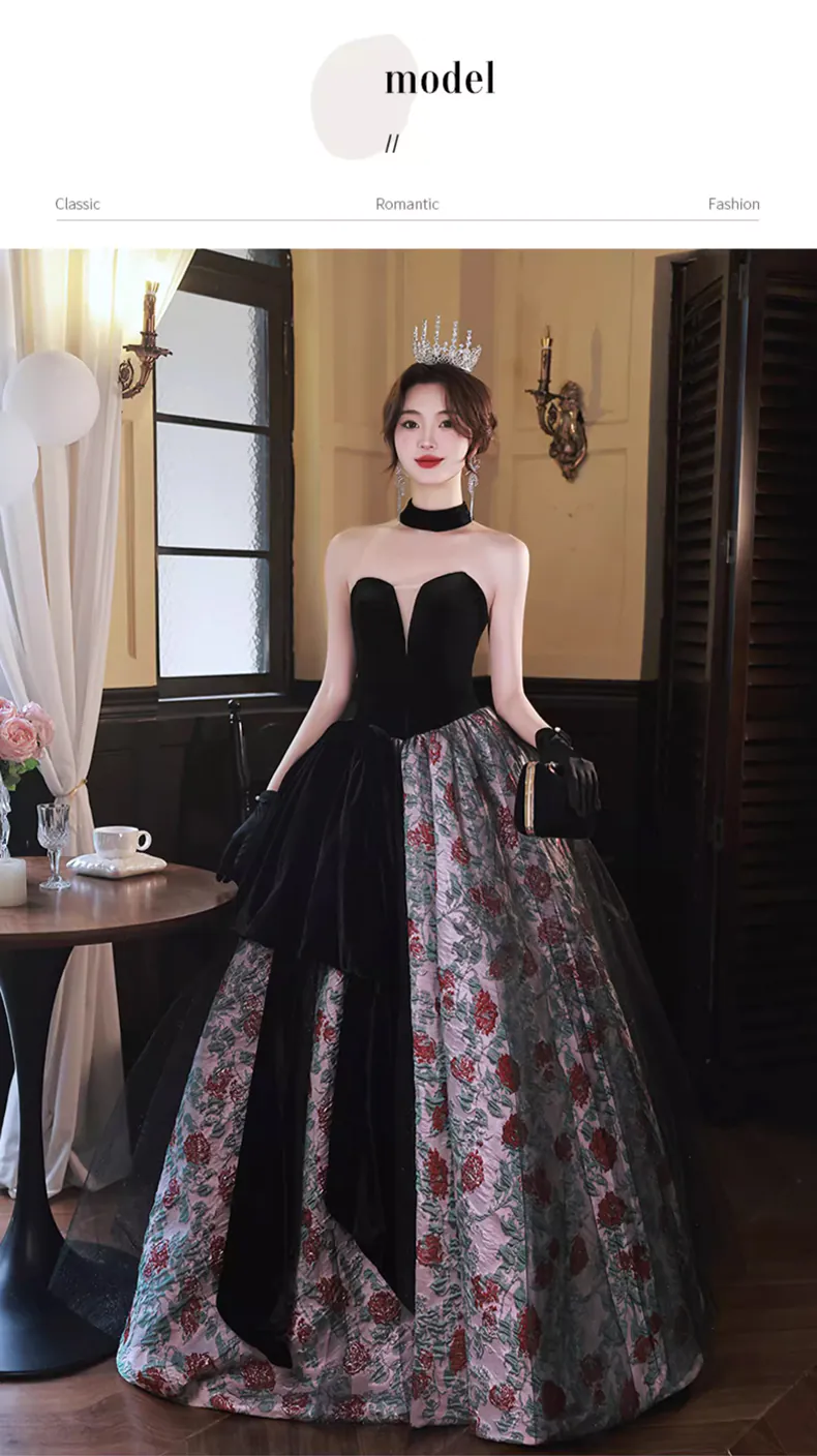 Vintage-Black-Velvet-Bodice-Red-Rose-Floral-Jacquard-Skirt-Formal-Dress10