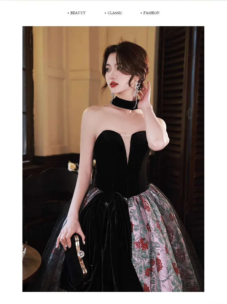 Vintage-Black-Velvet-Bodice-Red-Rose-Floral-Jacquard-Skirt-Formal-Dress11