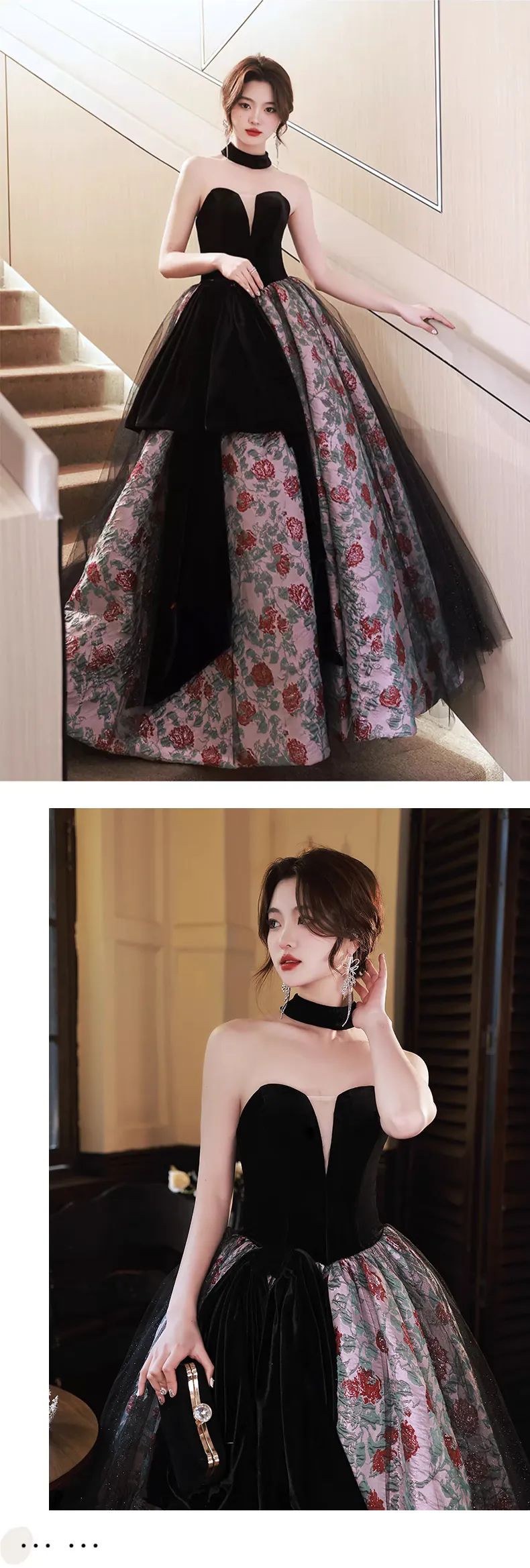 Vintage-Black-Velvet-Bodice-Red-Rose-Floral-Jacquard-Skirt-Formal-Dress12
