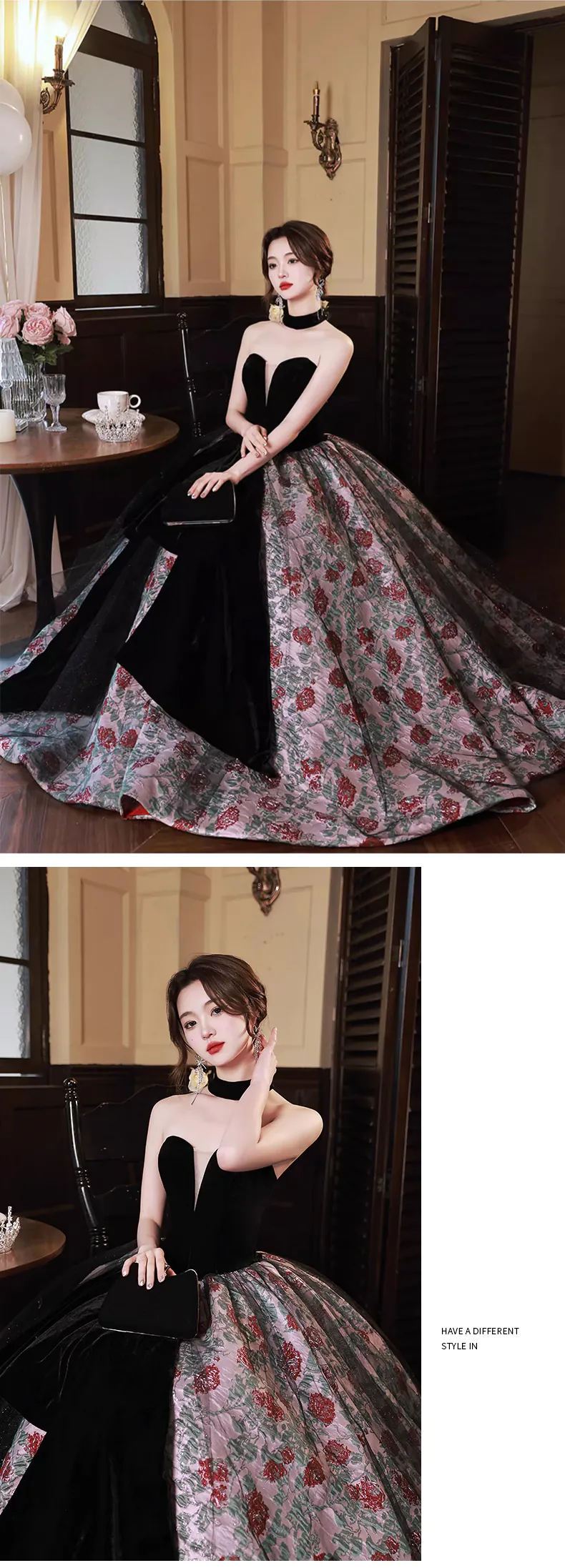 Vintage-Black-Velvet-Bodice-Red-Rose-Floral-Jacquard-Skirt-Formal-Dress13