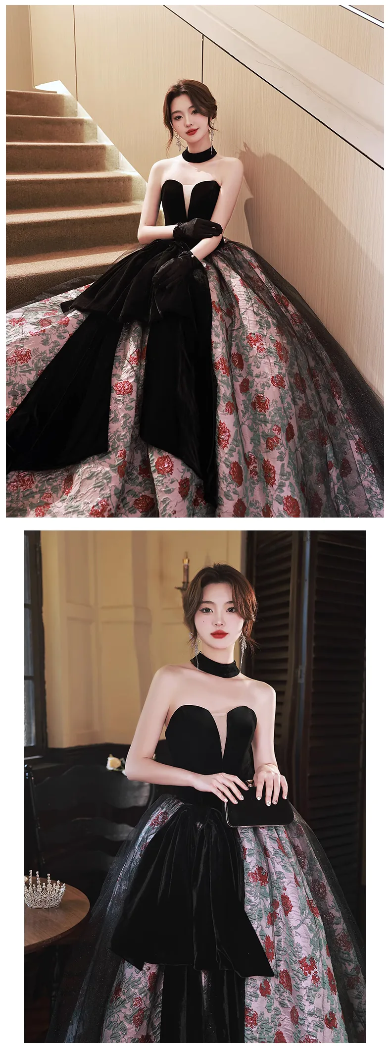 Vintage-Black-Velvet-Bodice-Red-Rose-Floral-Jacquard-Skirt-Formal-Dress14