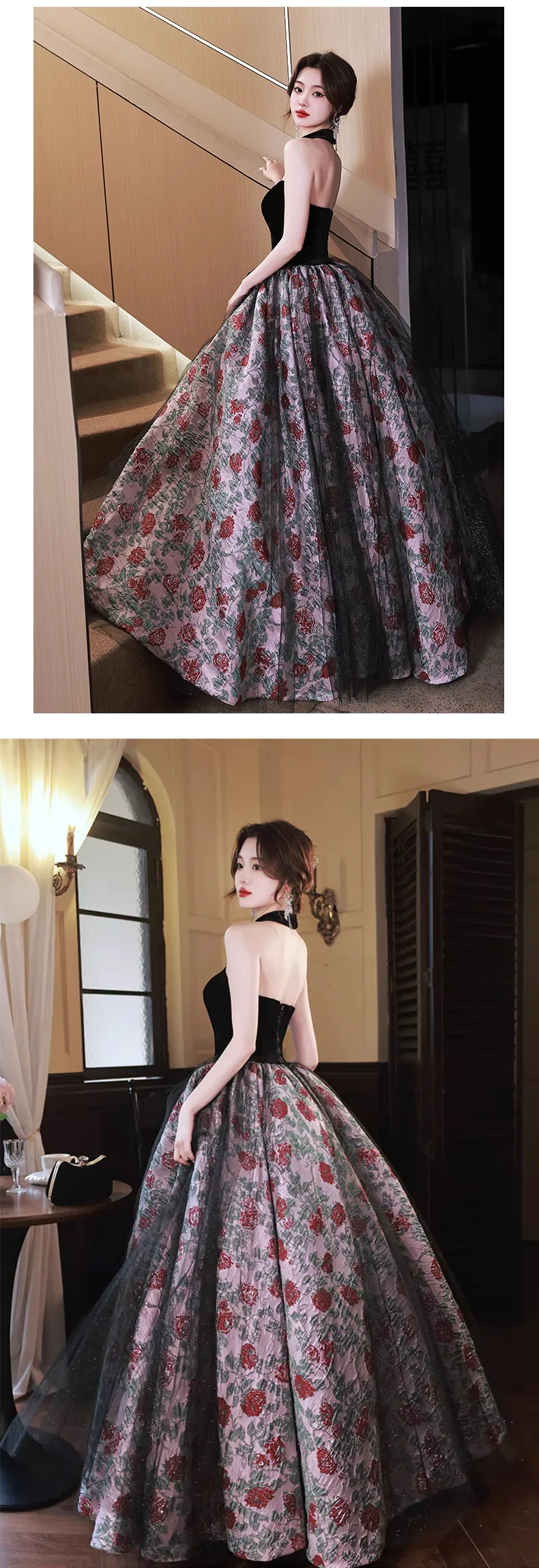Vintage-Black-Velvet-Bodice-Red-Rose-Floral-Jacquard-Skirt-Formal-Dress15