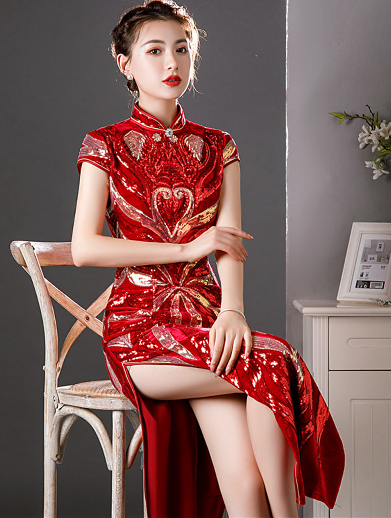 Red Velvet Sequins Slim Fit Improved Qipao Dress Vintage Banquet Gown02