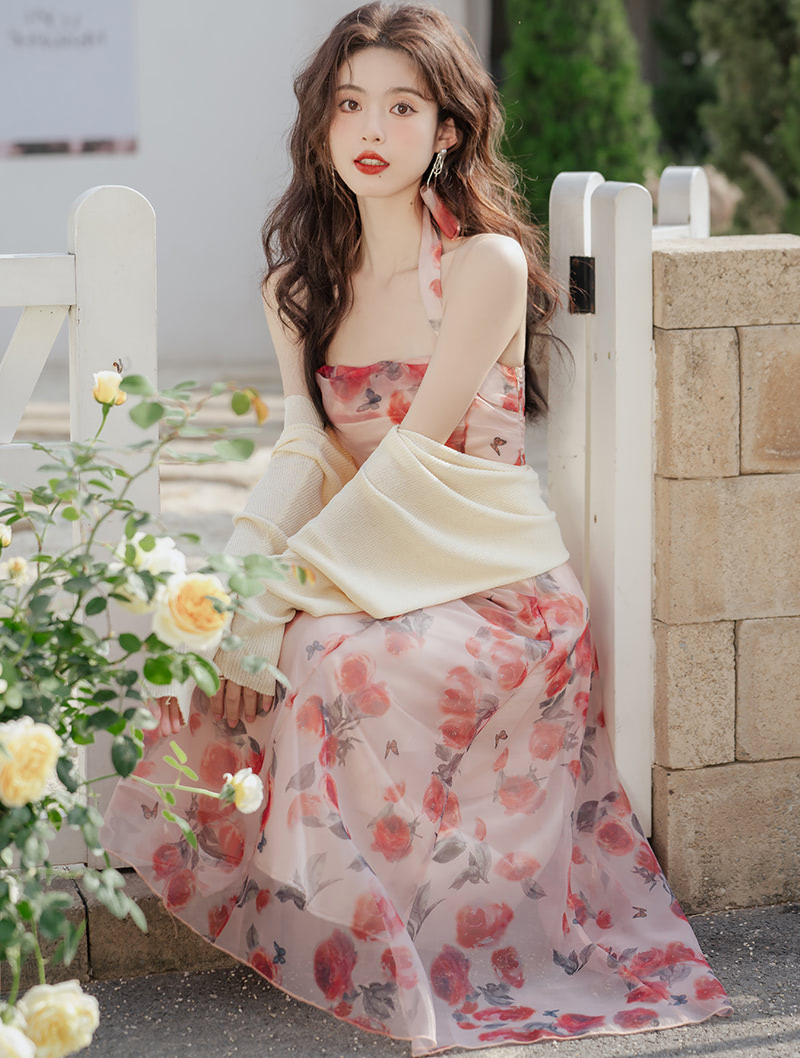 Beautiful Floral Printed Halter Casual Chiffon Dress Cardigan Top02