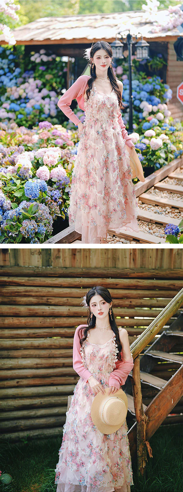 Fairycore-Pink-Floral-Ruffled-Tiered-Slip-Dress-with-Matching-Cardigan-Set14