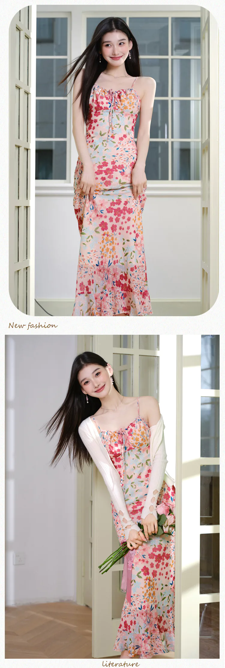 Feminine-Botanical-Floral-Print-Casual-Slip-Dress-with-White-Cardigan-Set10