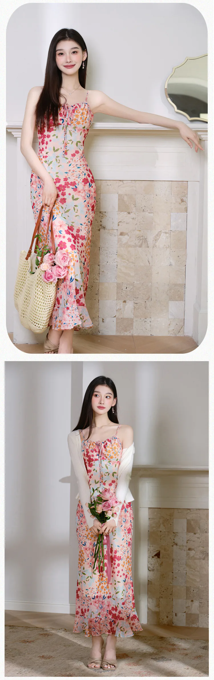Feminine-Botanical-Floral-Print-Casual-Slip-Dress-with-White-Cardigan-Set11