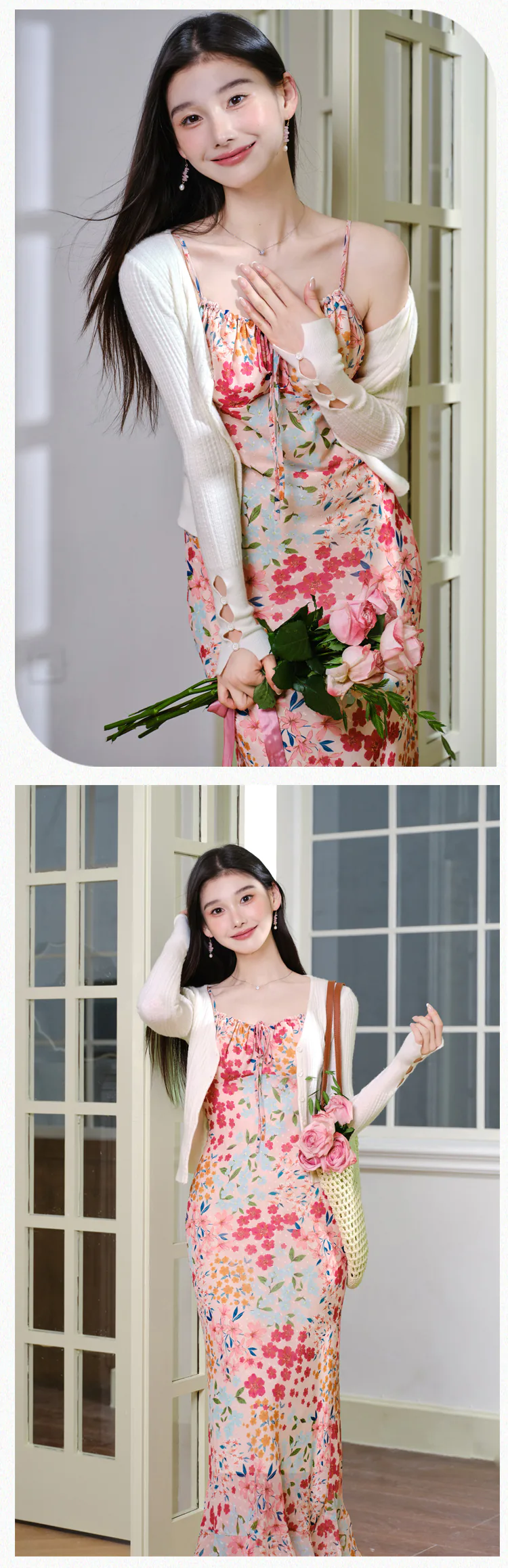 Feminine-Botanical-Floral-Print-Casual-Slip-Dress-with-White-Cardigan-Set12
