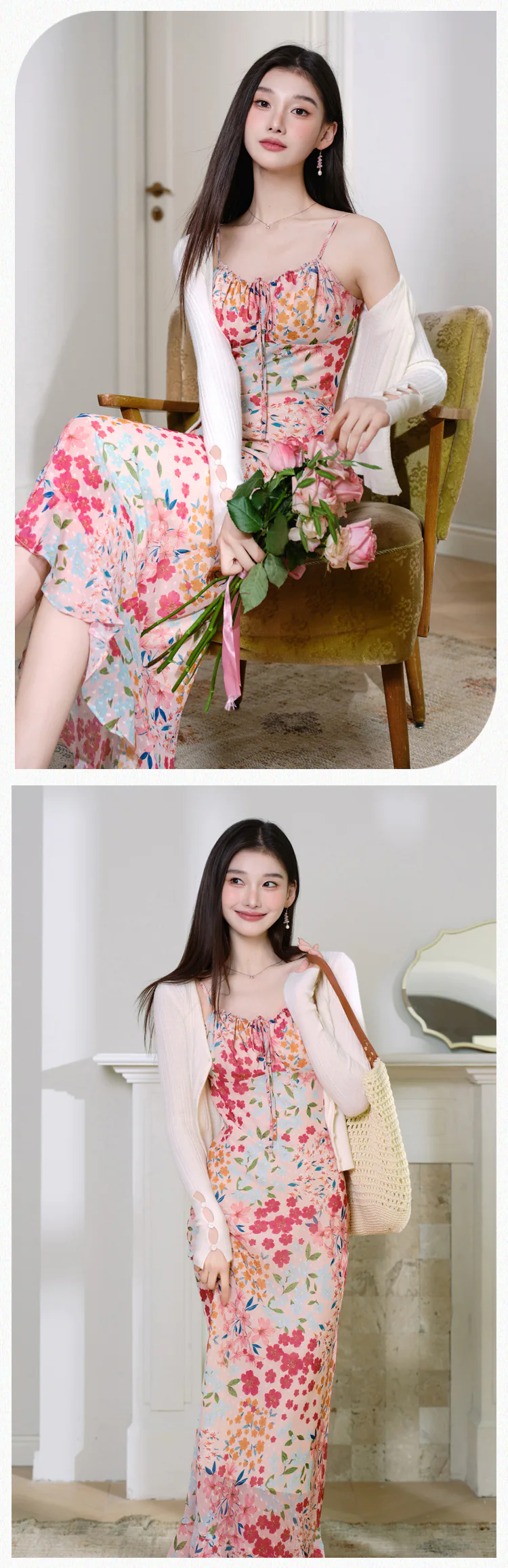 Feminine-Botanical-Floral-Print-Casual-Slip-Dress-with-White-Cardigan-Set13