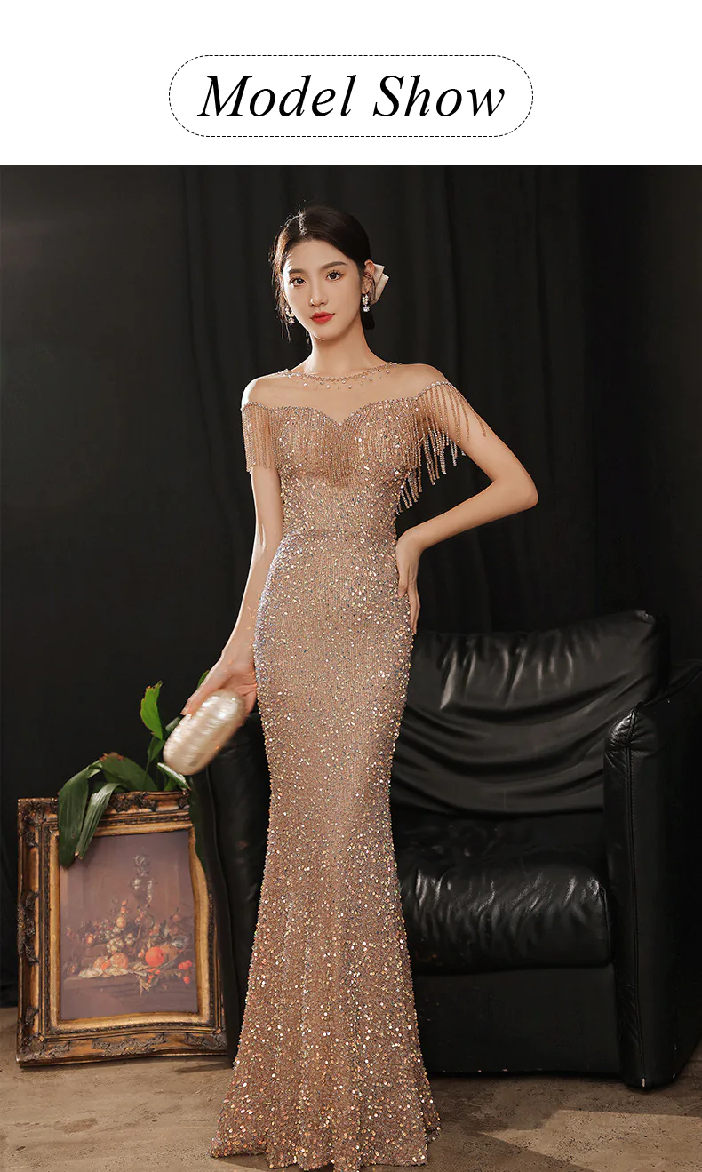 Luxury Sparkle Cocktail Party Dress Mermaid Tassel Evening Ball Gown (Size: M)