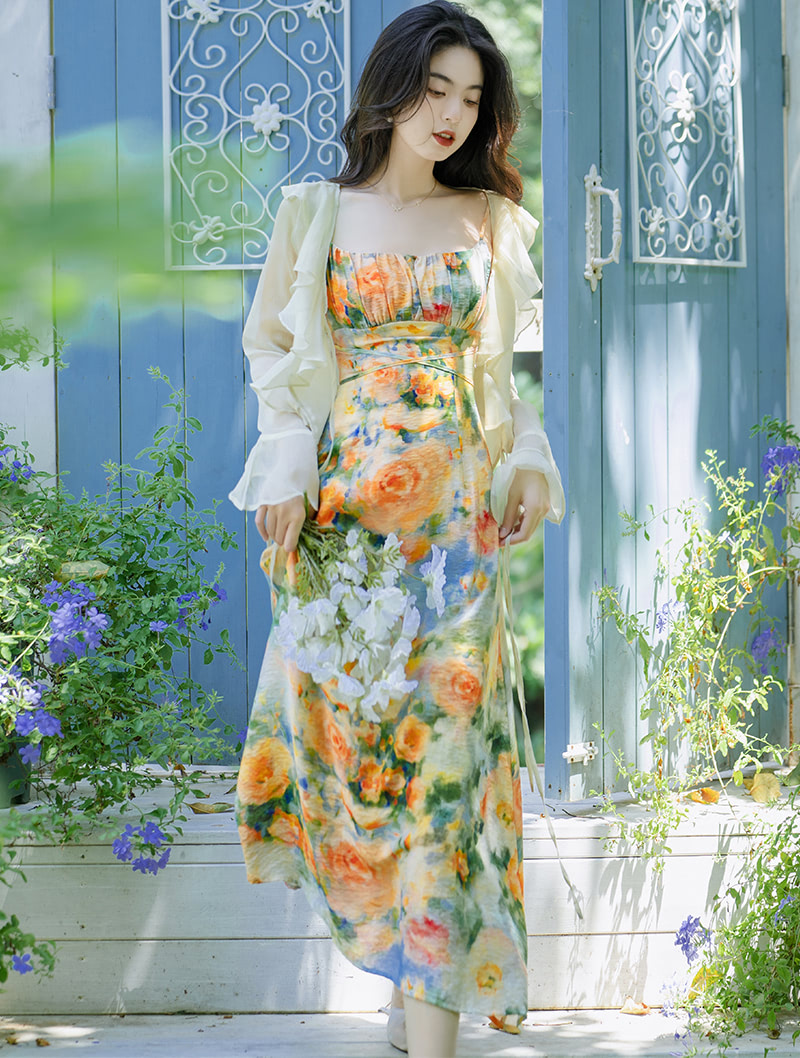 Retro Floral Oil Painting Ruffle Sundress Summer Casual Outfits01