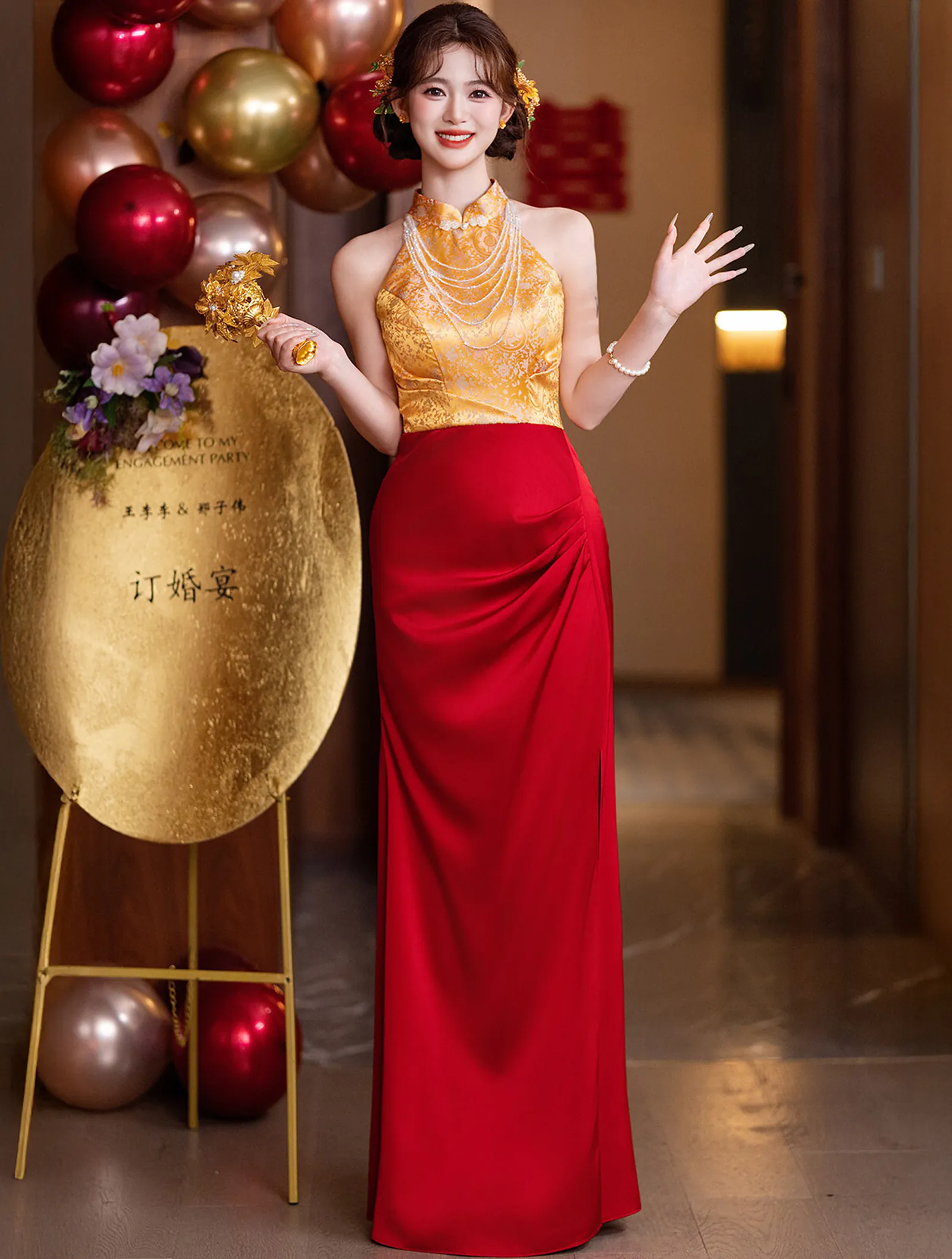 Vintage Deep V Gold Floral Jacquard Bodice Ruched Long Evening Dress01