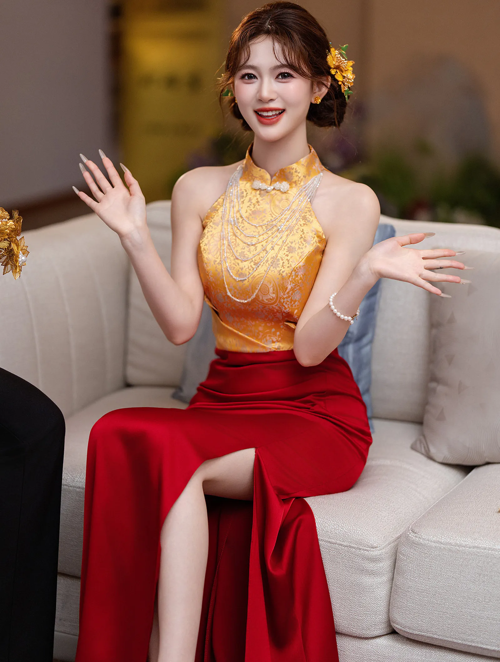 Vintage Deep V Gold Floral Jacquard Bodice Ruched Long Evening Dress02