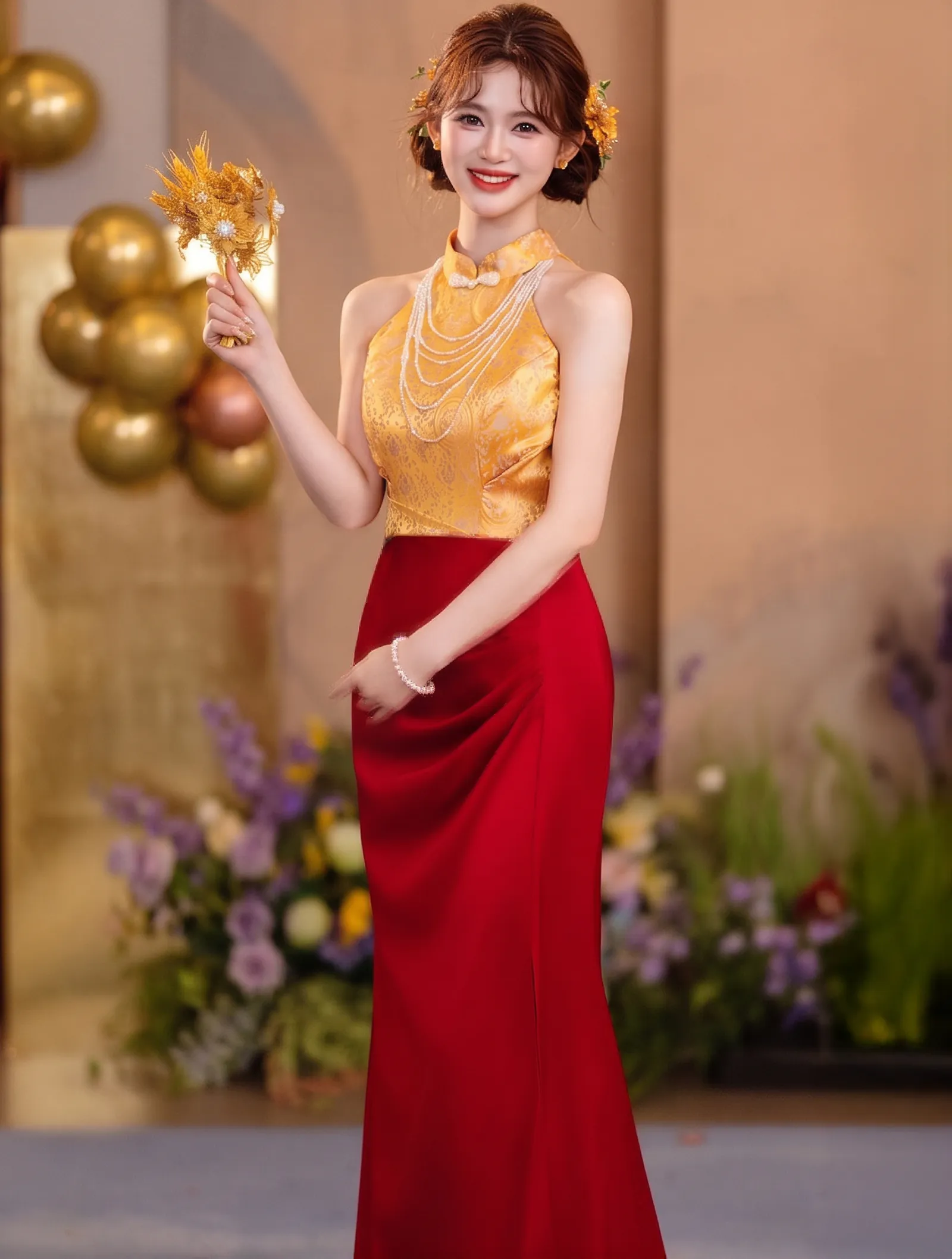 Vintage Deep V Gold Floral Jacquard Bodice Ruched Long Evening Dress03 Vintage Deep V Gold Floral Jacquard Bodice Ruched Long Evening Dress03