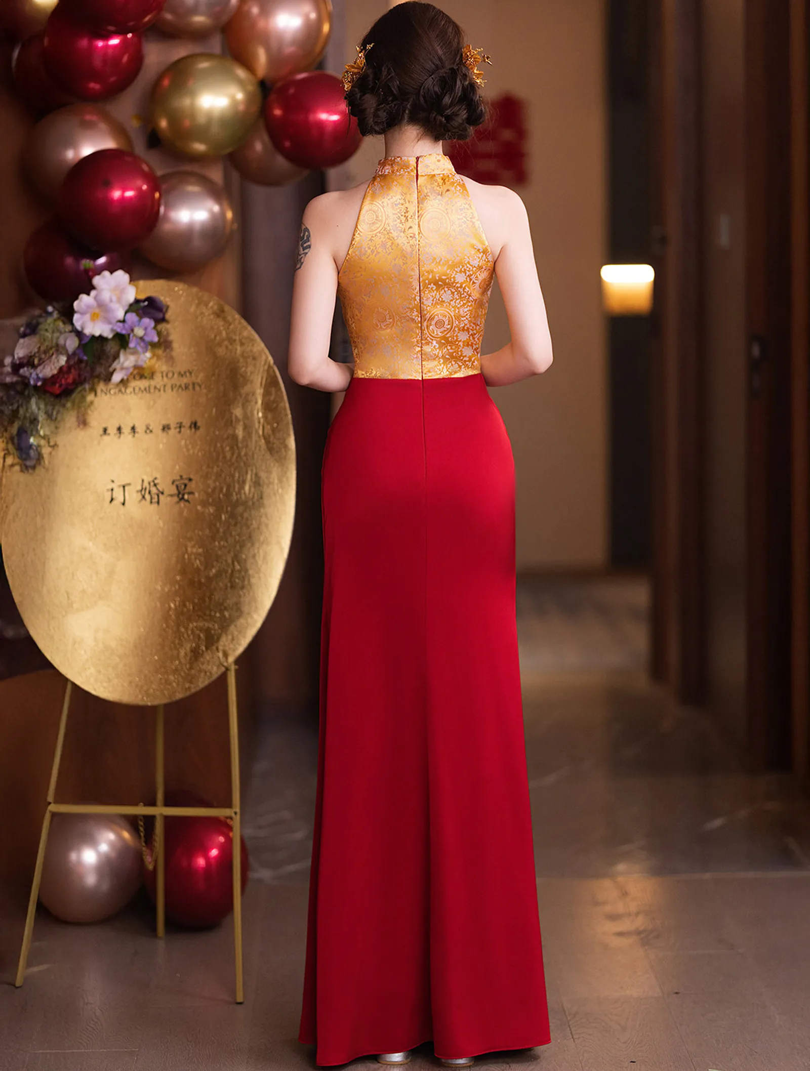 Vintage Deep V Gold Floral Jacquard Bodice Ruched Long Evening Dress06 Vintage Deep V Gold Floral Jacquard Bodice Ruched Long Evening Dress06