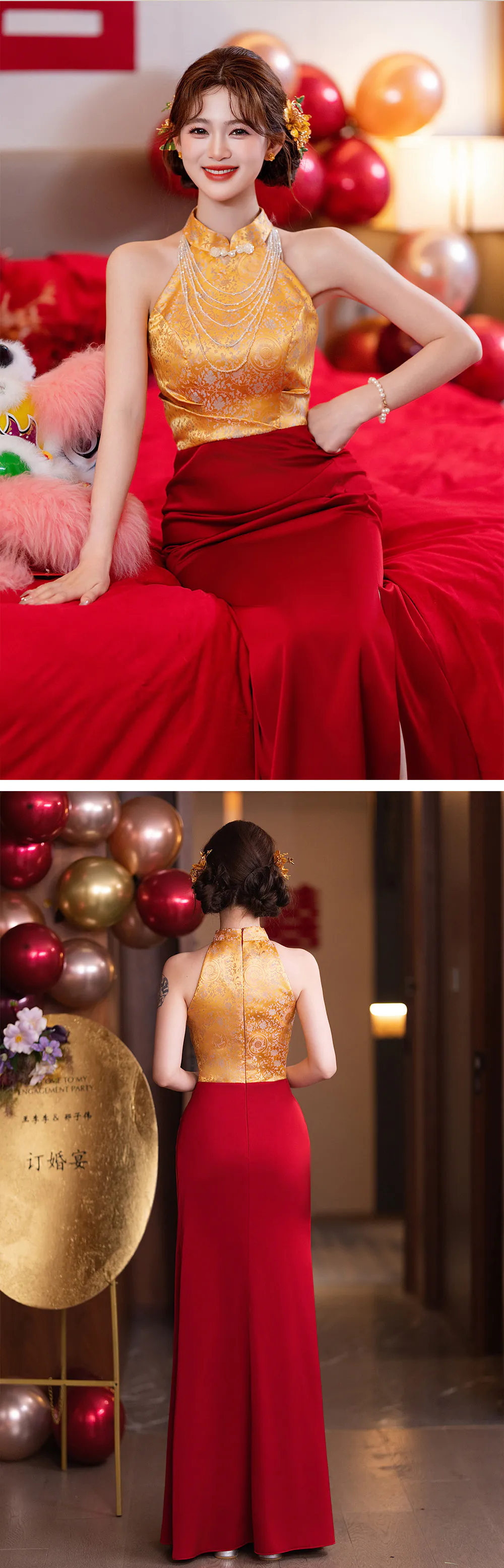 Vintage-Deep-V-Gold-Floral-Jacquard-Bodice-Ruched-Long-Evening-Dress15