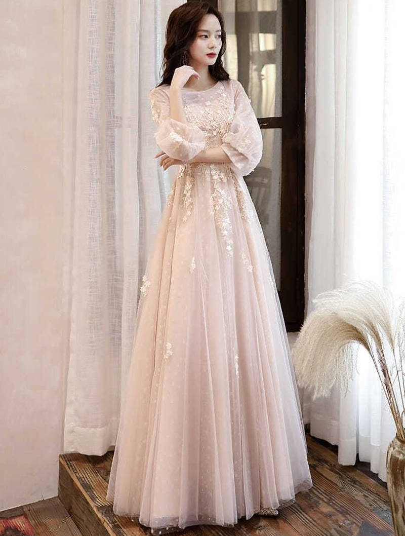 A Line Champagne Long Sleeve Lace Prom Dress for Women01