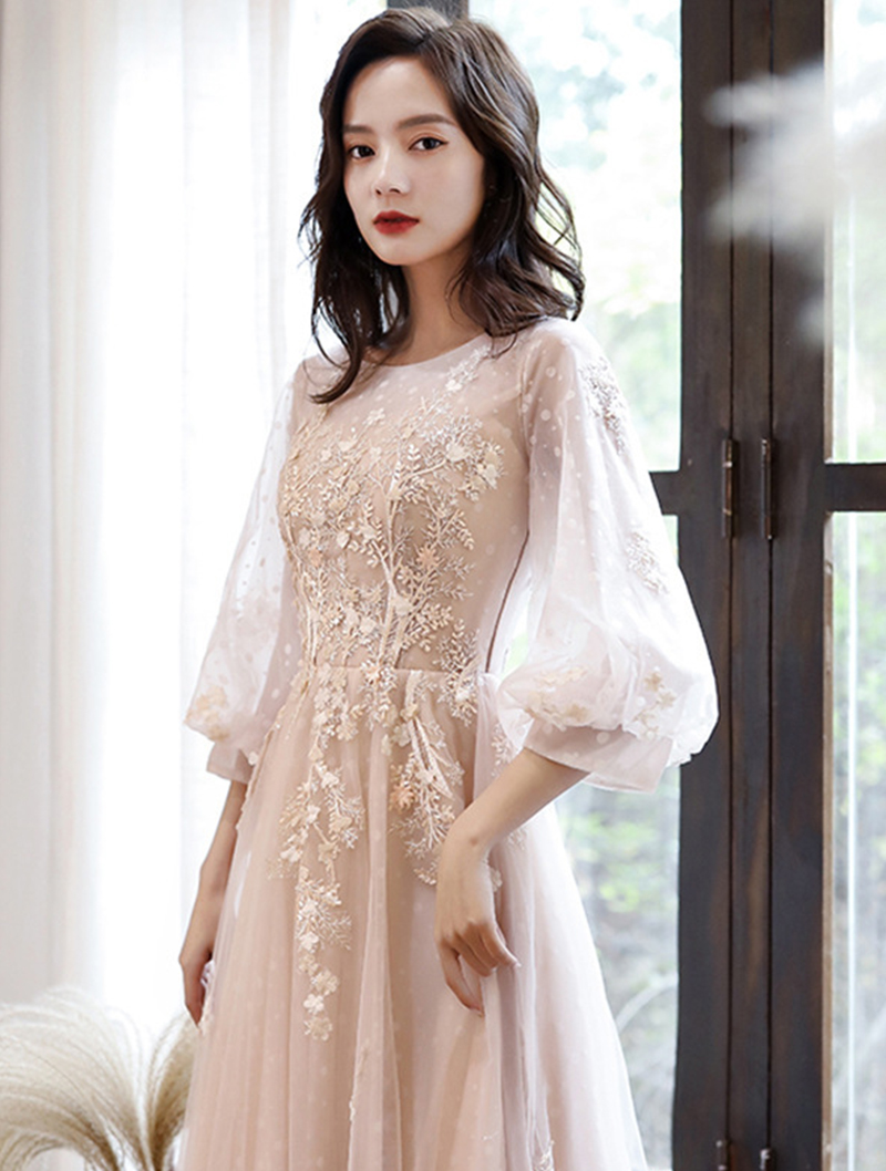 A Line Champagne Long Sleeve Lace Prom Dress for Women02