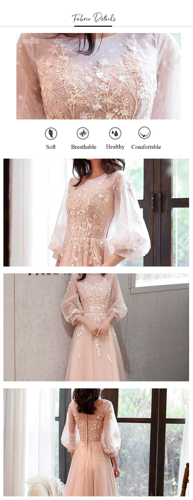 A Line Champagne Long Sleeve Lace Prom Dress for Women09