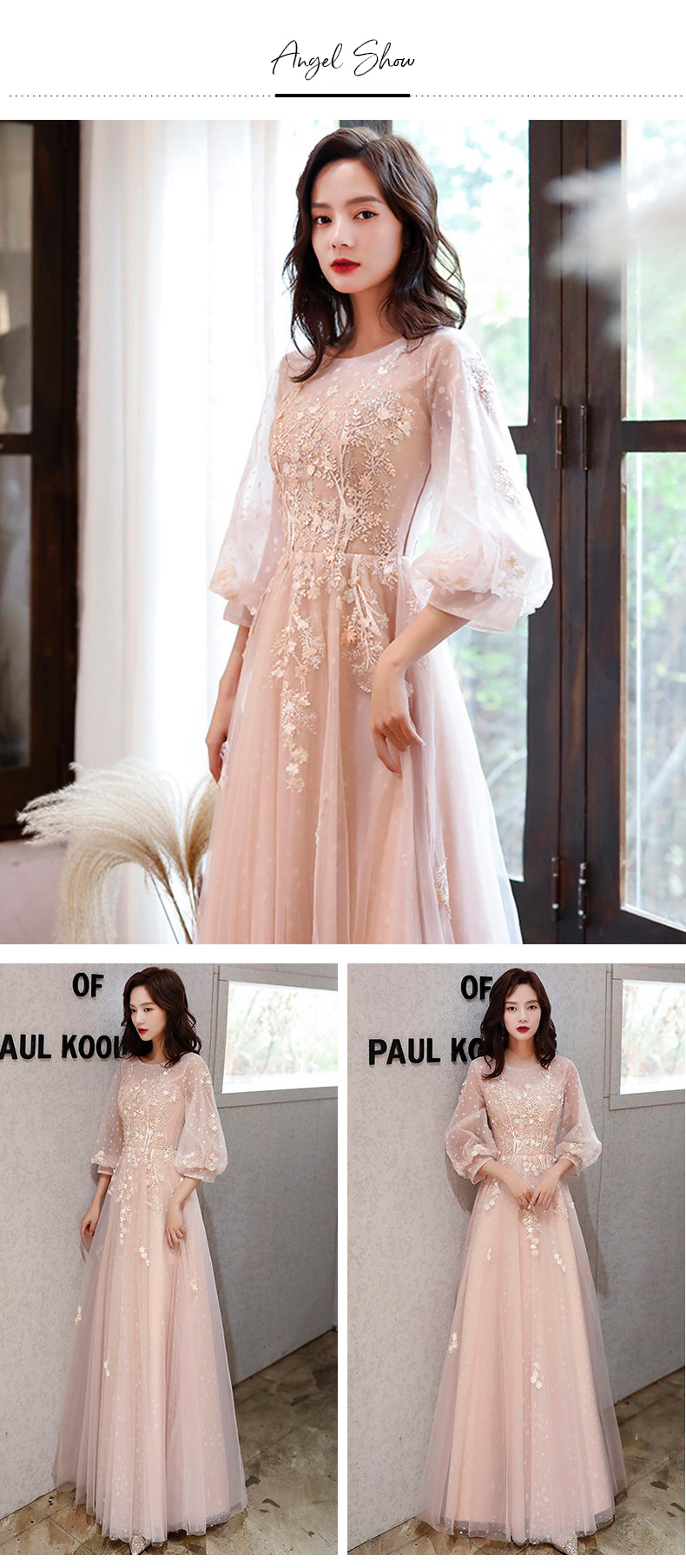 A Line Champagne Long Sleeve Lace Prom Dress for Women10